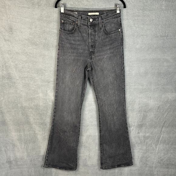 Levis Jeans Women 27 Black Ribcage Flare High Rise Stretch Pockets Boho Festival - Picture 1 of 14